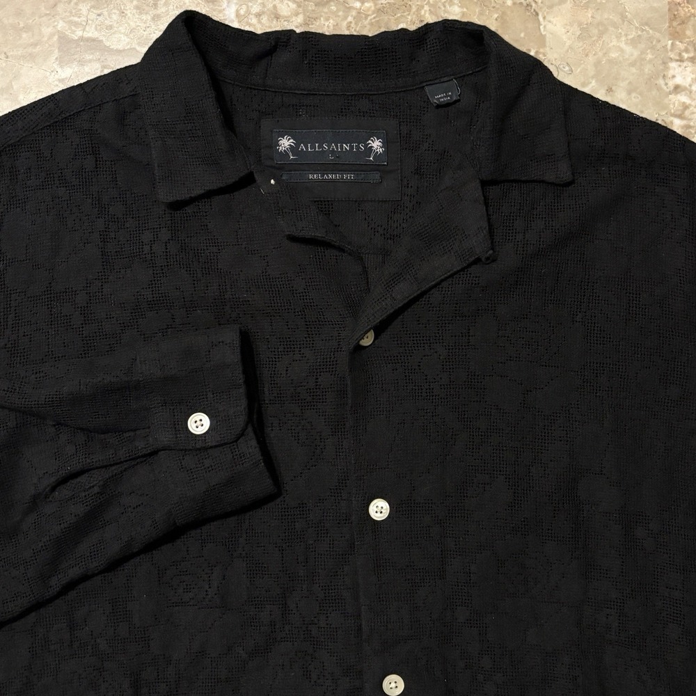 All Saints Hawaiian Shirt Mens Large Relaxed Fit Black Open Knit Loop Collar